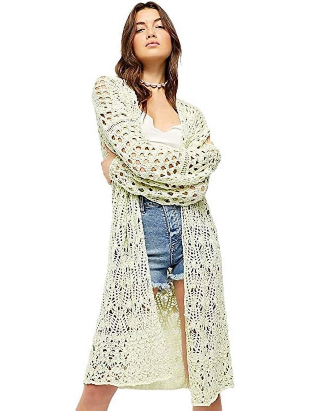 Free People Sweet Talker Long Open Crochet Cardigan Honeydew Green‎ Size Medium